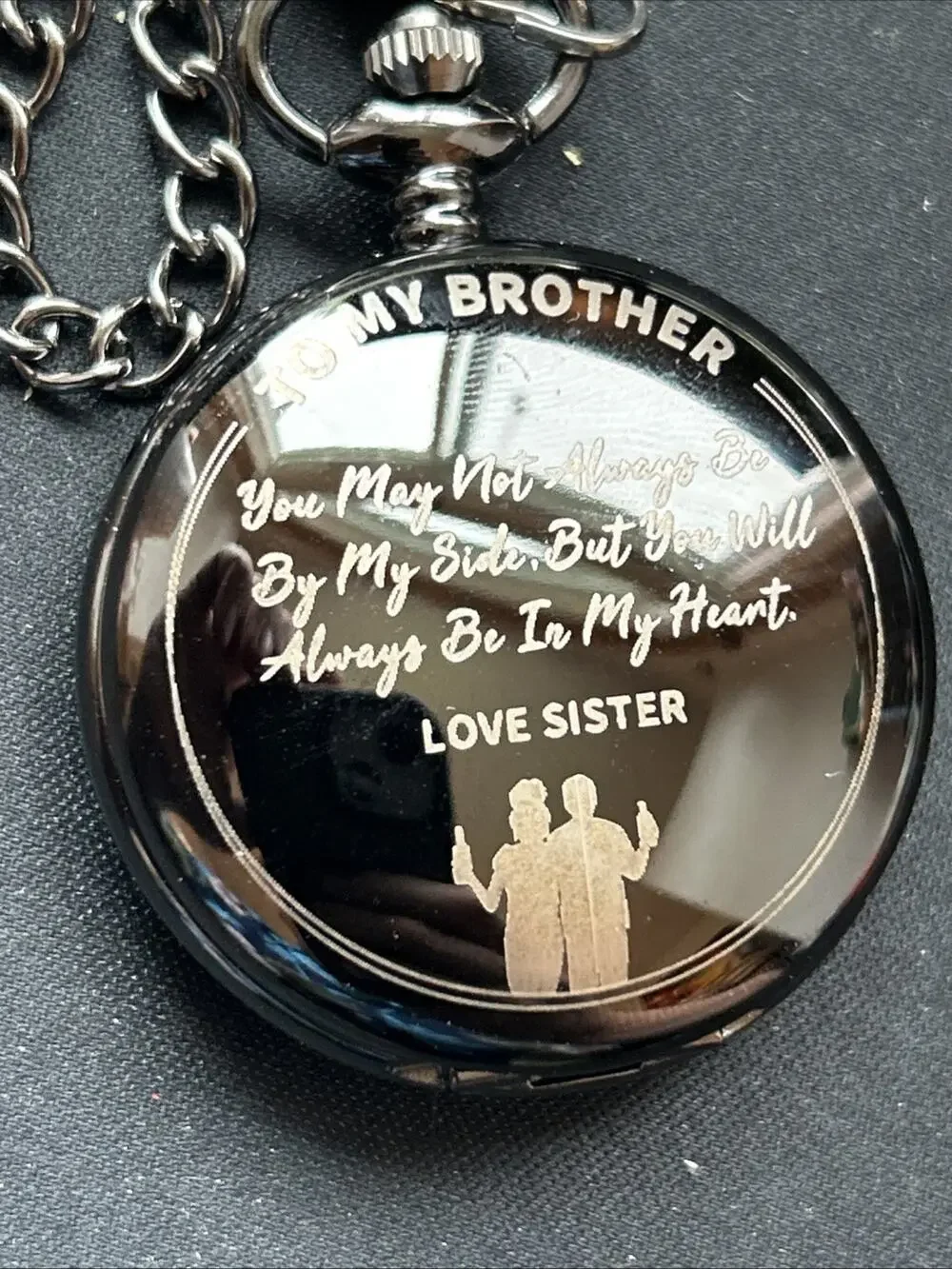 “To My Brother” All Black Case White Dial Pocket Watch